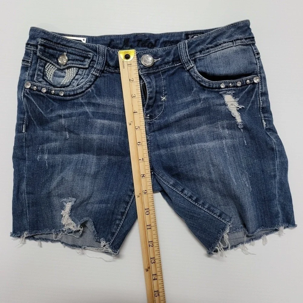LA Idol USA Womens Distressed Denim Shorts Wing Rhinestone Studded Blue Size 9